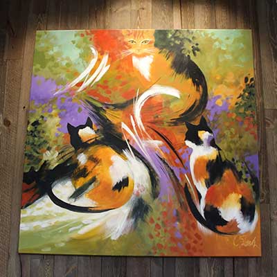 Whiskers and Tales - We love our commissioned painting, by Boulder artist Connie Slack, hanging in the entryway.